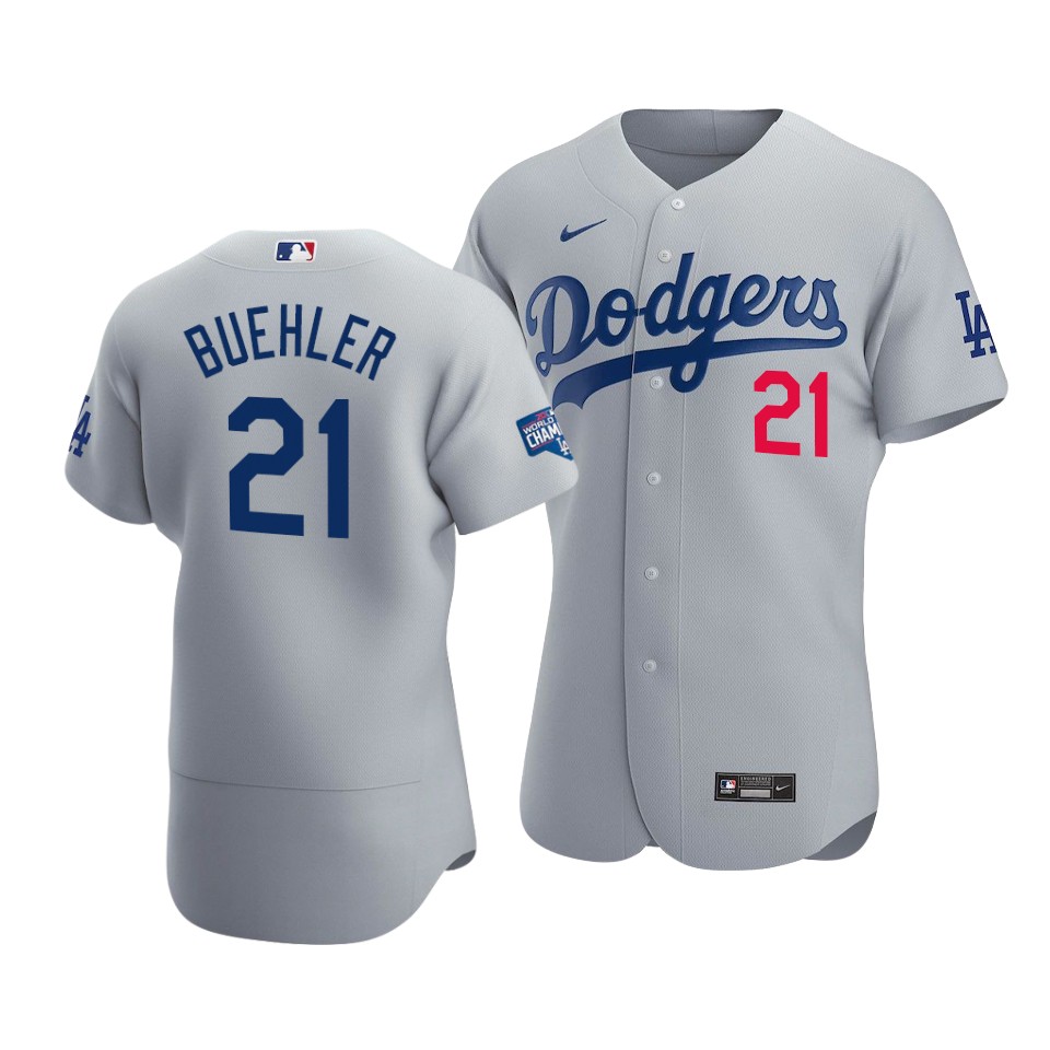 Men's Los Angeles Dodgers #21 Walker Buehler 2020 Grey World Series Champions Patch Flex Base Sttiched Jersey